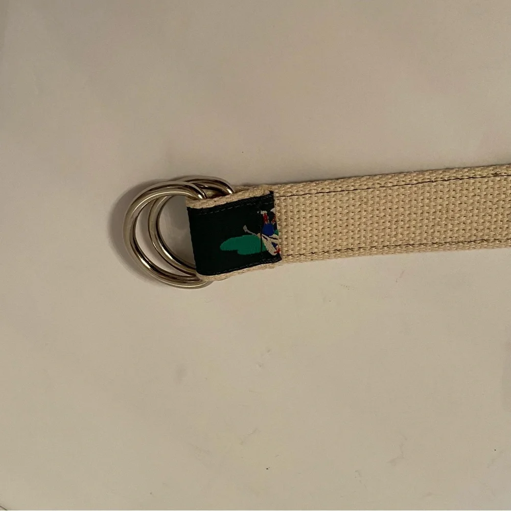MENS BELT GOLF THEME GREEN CREAM WEBBING SILVER TONE D RINGS SIZE 38